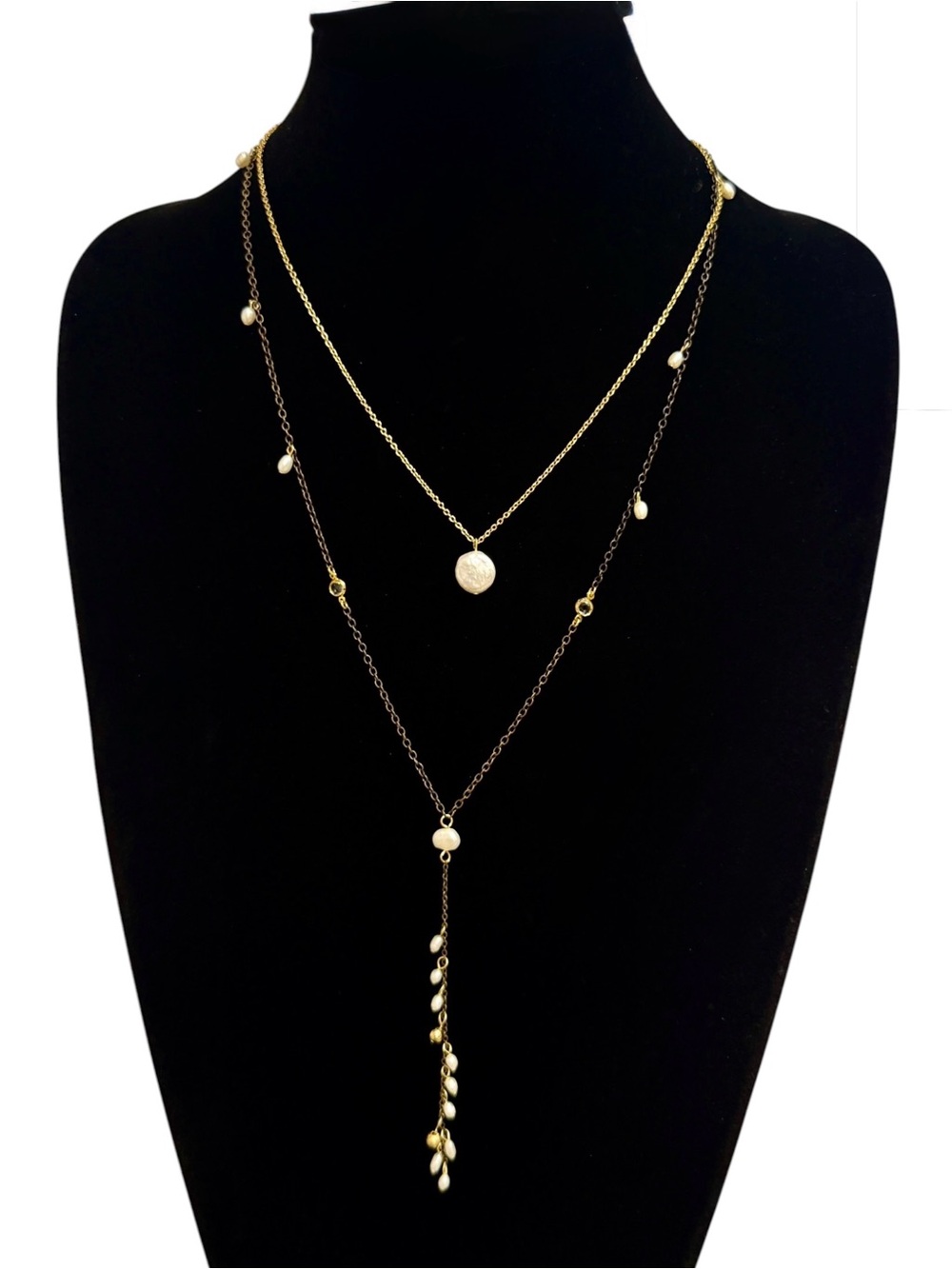 Ettika NWT Mixed Metal Pearl Layered Y-Drop Necklace